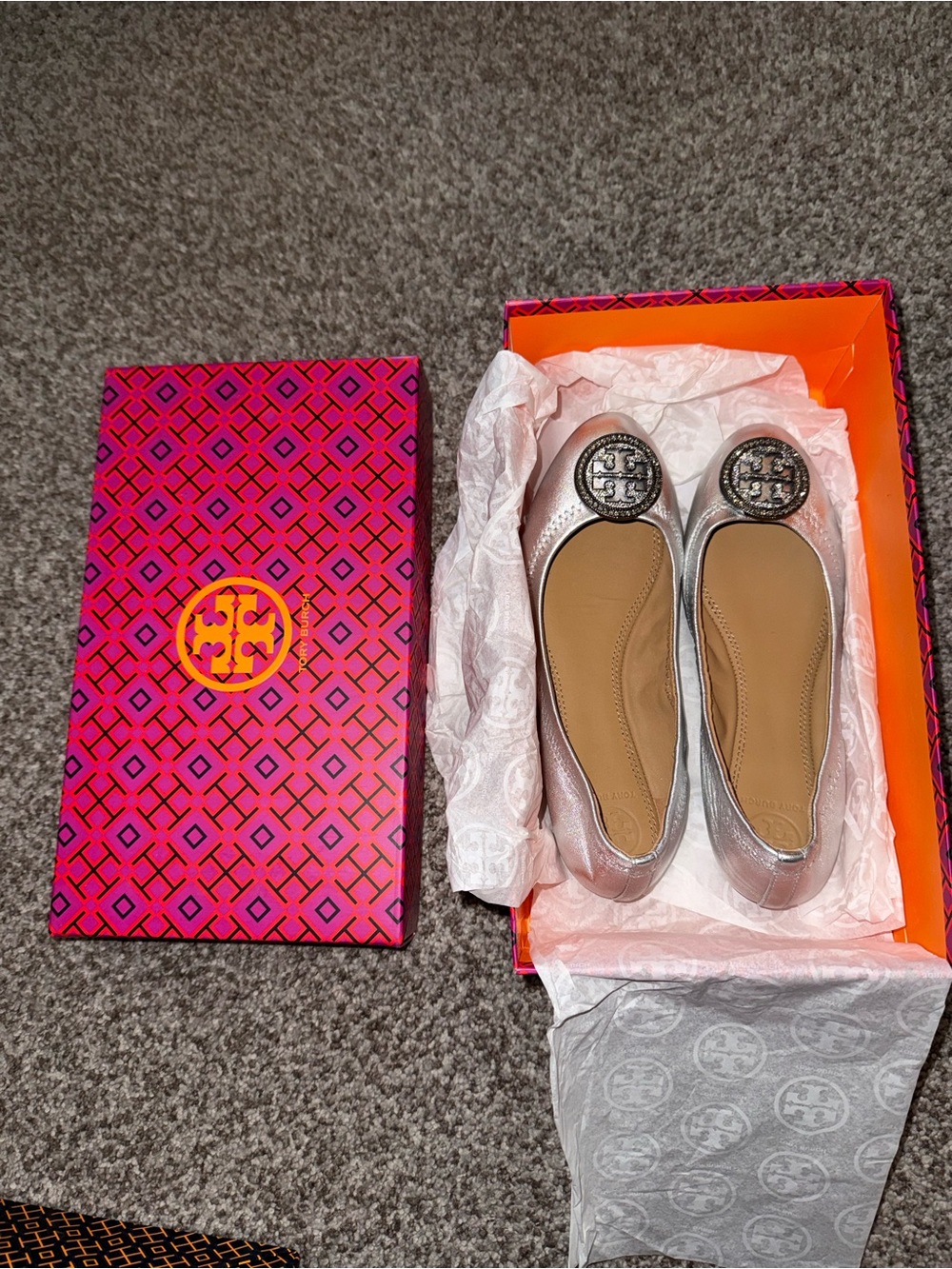 Tory Burch Metallic Silver Logo-Embellished Ballet Flats